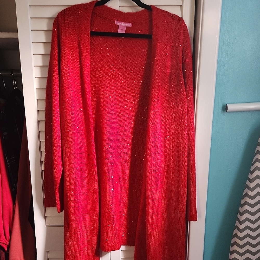 Woman Within Red Sequin Cardigan